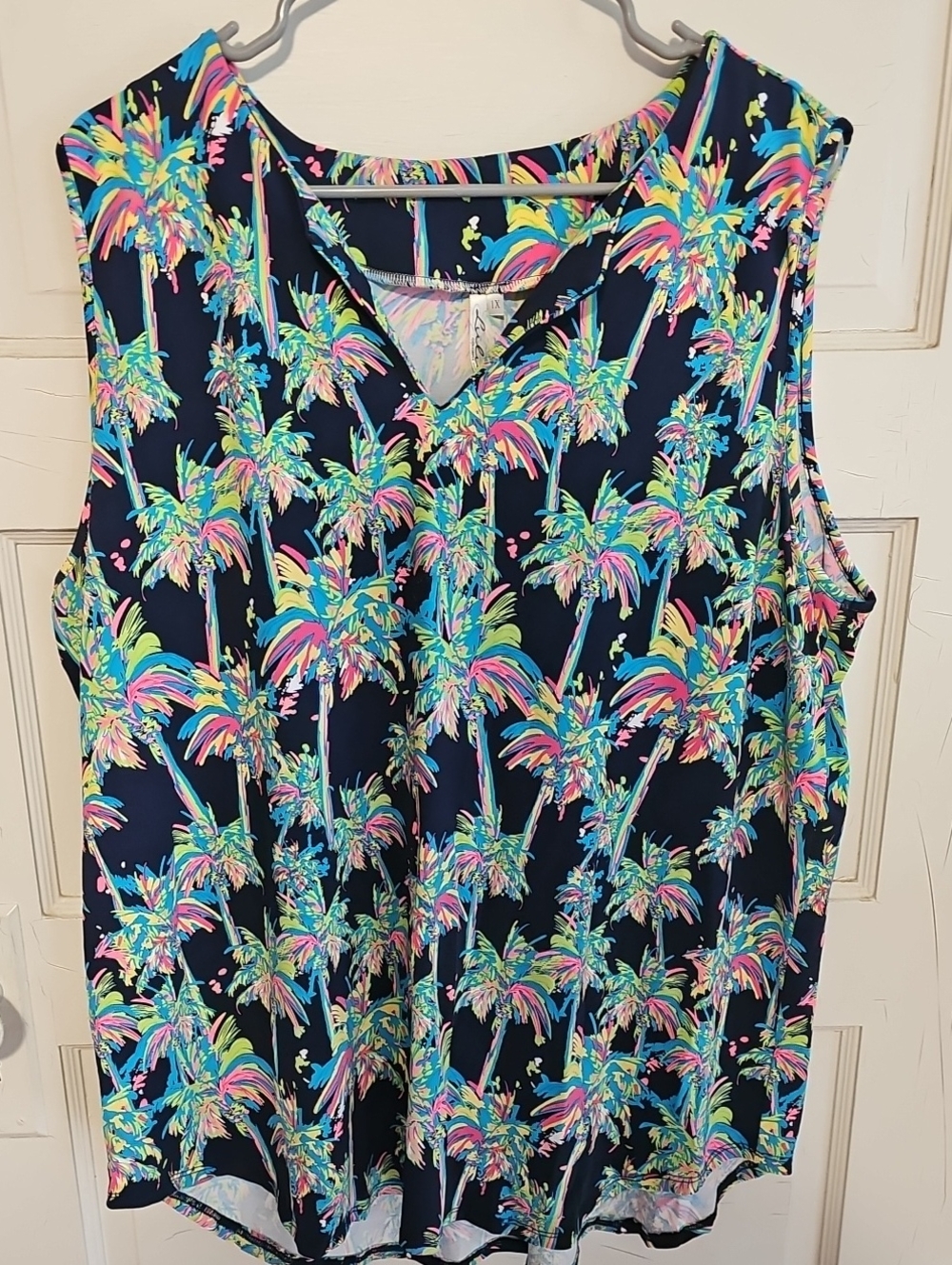 Sleeveless Navy Palm-Print V-Neck Top - Multicolor